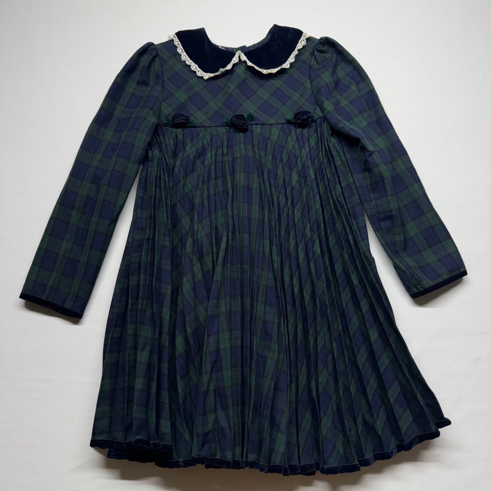 Vintage Bonnie Jean Plaid Dress 6X Green Navy Girls Velvet Collar Christmas